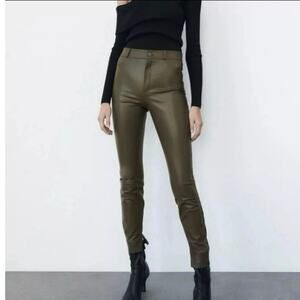NWT Zara Army Green Faux Leather Legging Hi-Rise Brown Pants Size XL
